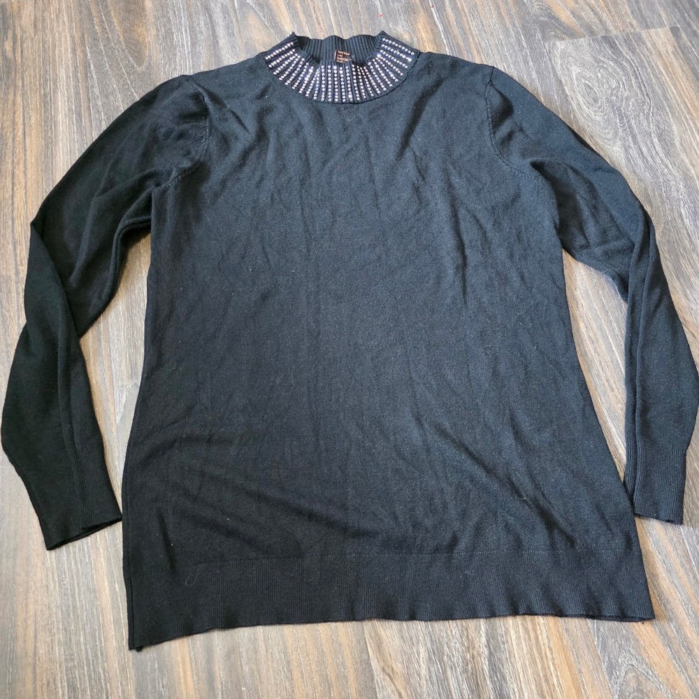 Rain‎ Black Rhinestone Embellished Mock Neck Knit Sweater Womens XL Long Sleeve